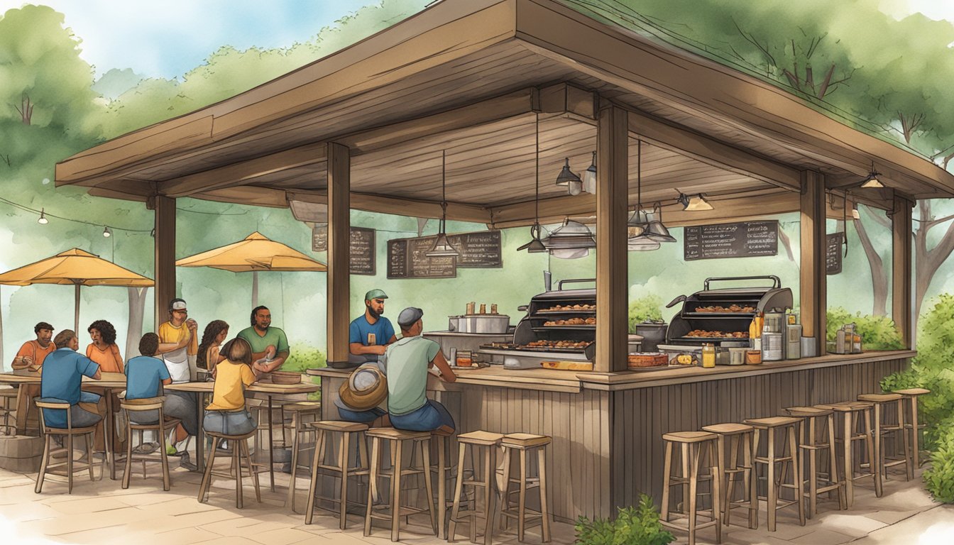 A bustling BBQ joint with a rustic outdoor seating area surrounded by greenery, featuring a menu board with a variety of lighter, health-conscious BBQ options