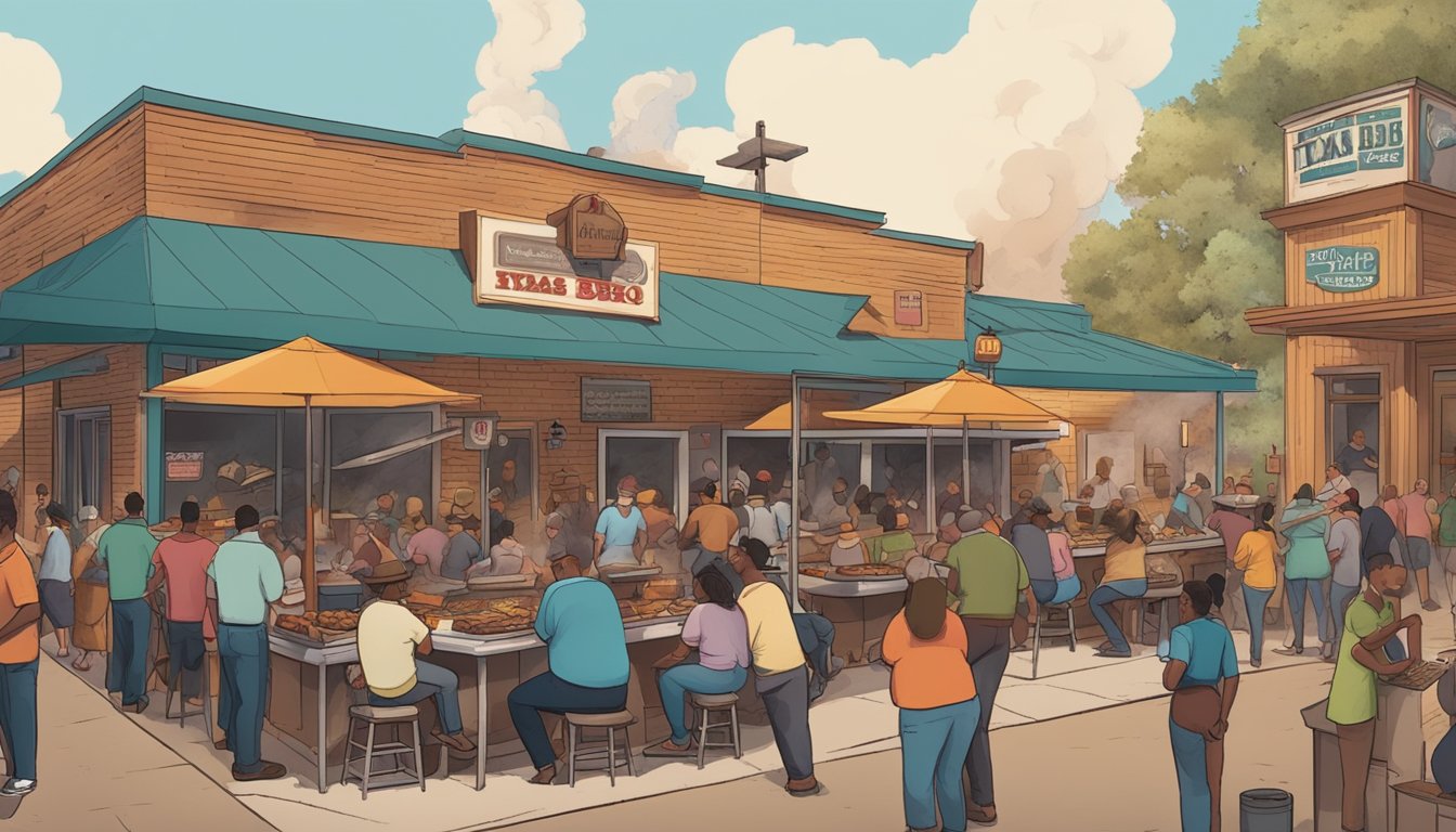 A bustling Texas BBQ joint with a line out the door, smoke billowing from the pit, and a diverse crowd enjoying the savory aroma