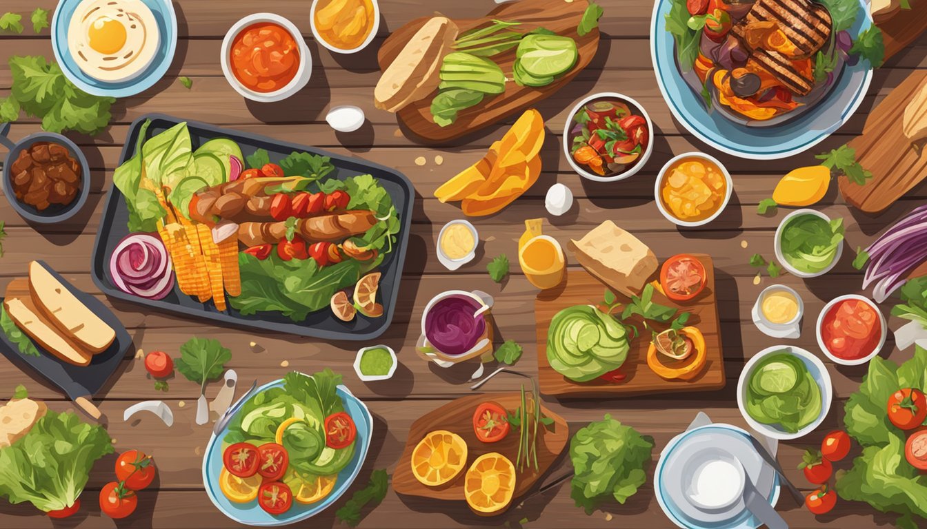 A colorful spread of grilled vegetables, lean meats, and vibrant salads arranged on a wooden picnic table with a backdrop of a sunny outdoor BBQ setting