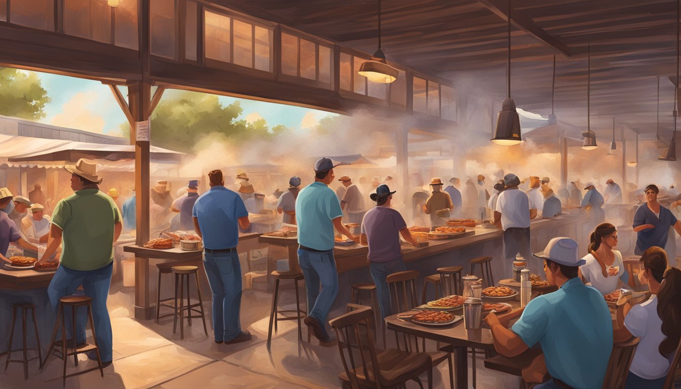 A bustling Texas BBQ joint with smoke billowing from the pit, tables filled with patrons enjoying brisket, ribs, and sausage, and the aroma of smoky, savory flavors filling the air