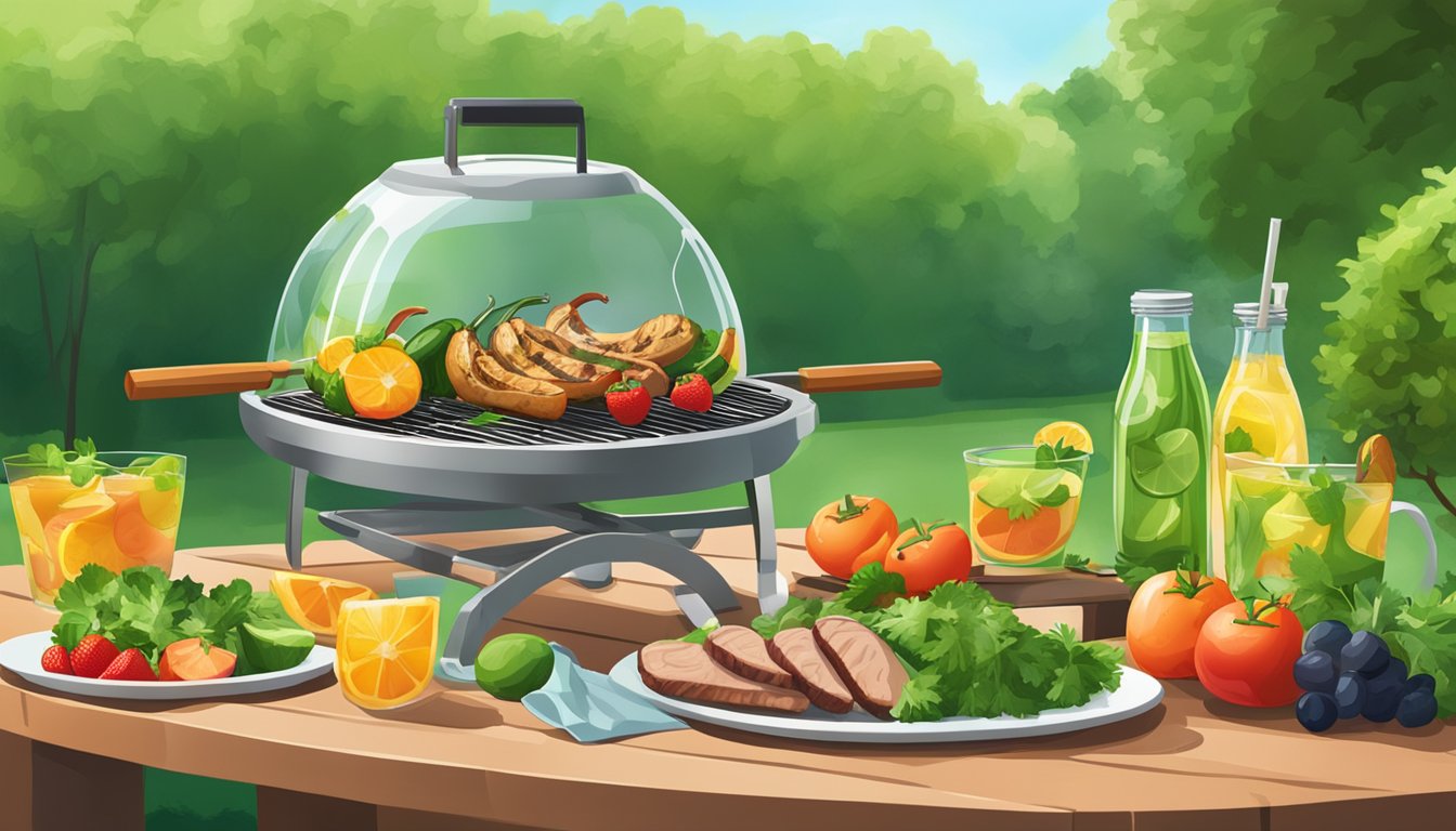 A table set with grilled vegetables, lean meats, and refreshing fruit-infused water, surrounded by a lush green backyard with a BBQ grill