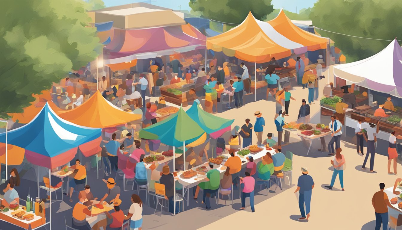 A bustling outdoor BBQ event with colorful food stalls, people enjoying lighter BBQ options, and a lively atmosphere in Lockhart