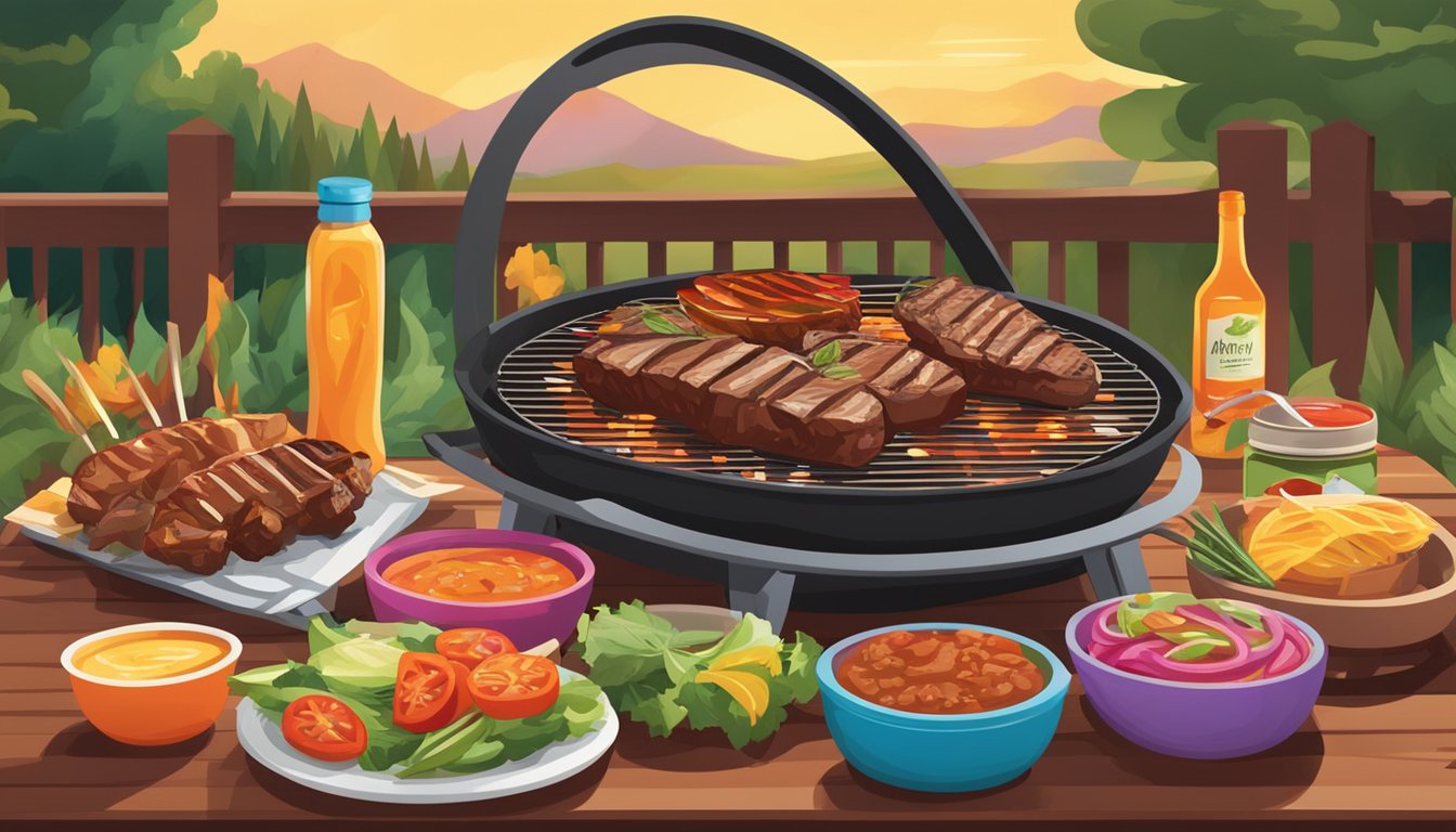 A sizzling barbecue grill with perfectly charred meat, surrounded by colorful garnishes and a variety of BBQ sauces, set against a backdrop of a warm, inviting outdoor setting