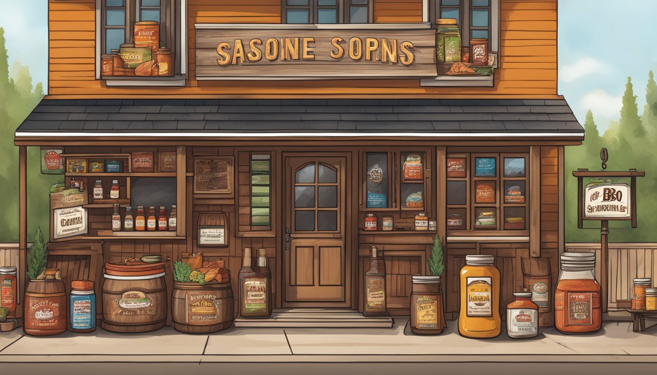 A rustic storefront with bold signage, showcasing a variety of BBQ sauces and seasonings, surrounded by Texas-inspired merchandise