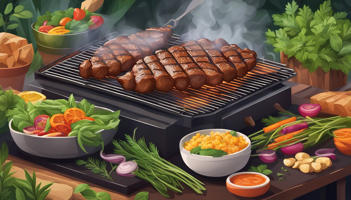 A sizzling BBQ grill with perfectly cooked meat, emitting aromatic smoke, surrounded by vibrant green herbs and colorful garnishes