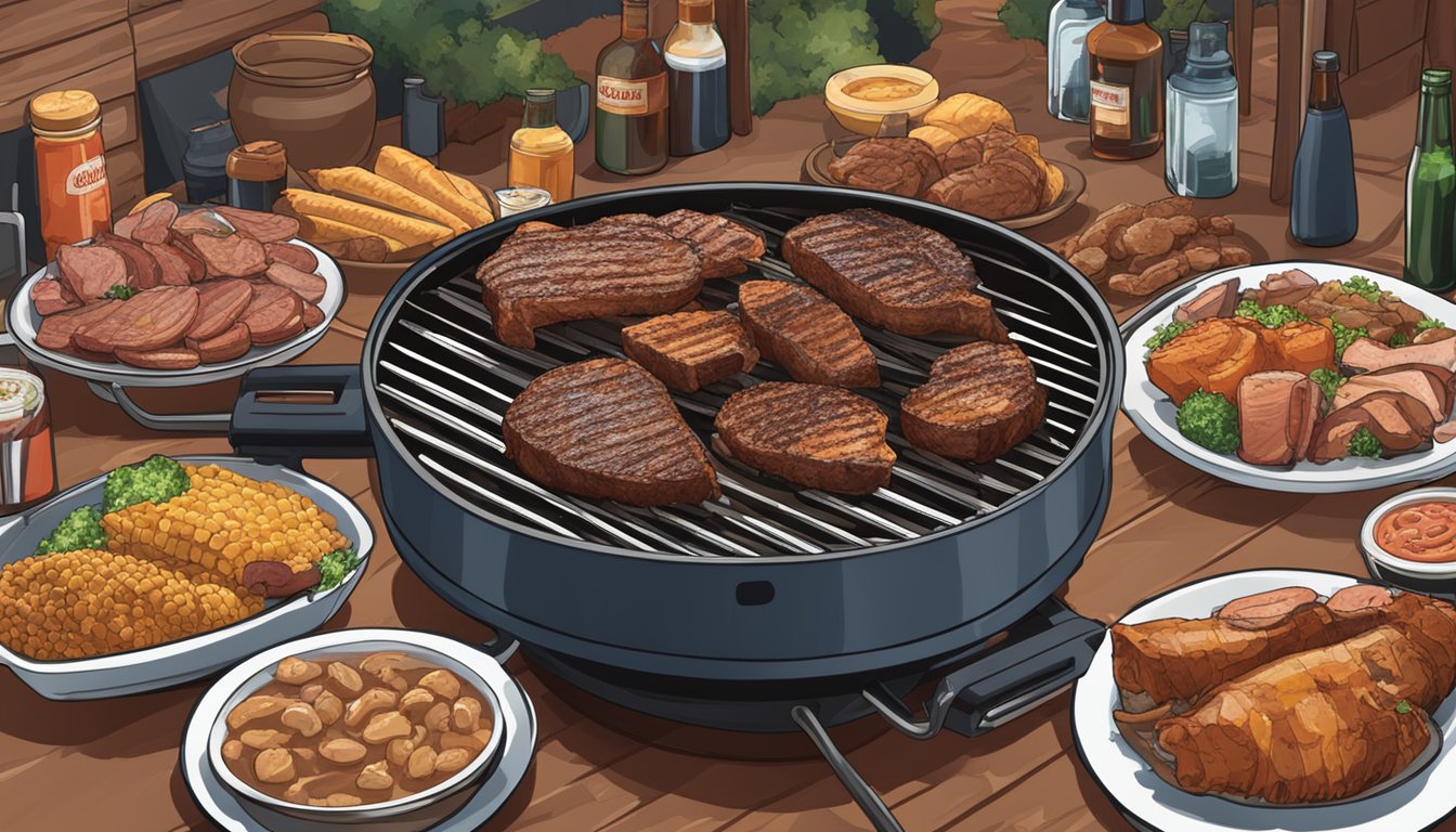 A sizzling barbecue grill surrounded by various meats and sides, with Lockhart BBQ merchandise displayed in the background