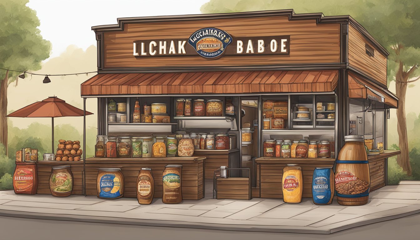 A display of Lockhart BBQ merchandise featuring specialty food and beverage items, perfect for foodies and souvenir hunters