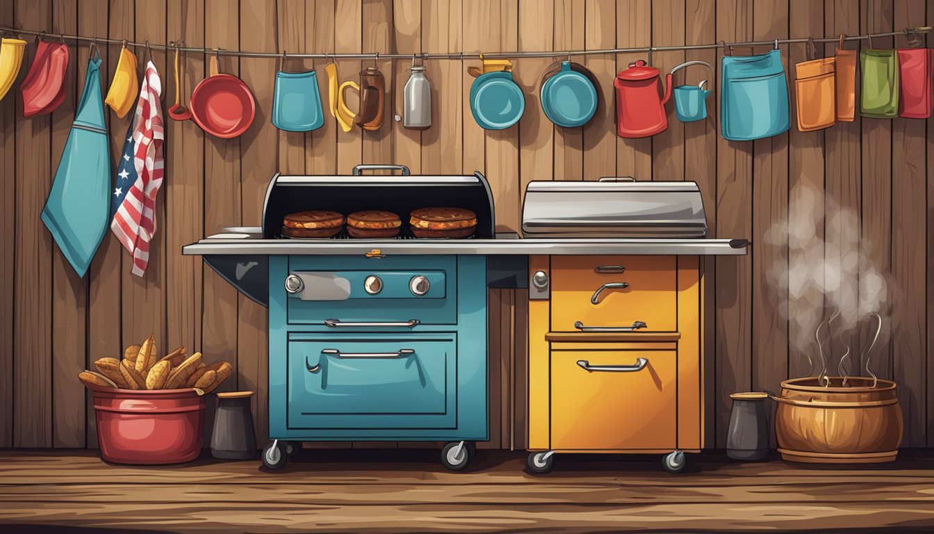 A colorful display of BBQ merchandise including aprons, mugs, and t-shirts with food-themed designs. A rustic backdrop with a grill and smoke adds to the ambiance