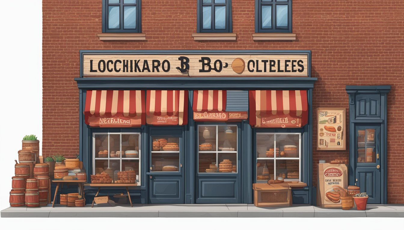 A rustic storefront with a red-brick facade and a large sign reading "Lockhart BBQ Collectibles". A display window showcases various BBQ merchandise and souvenirs