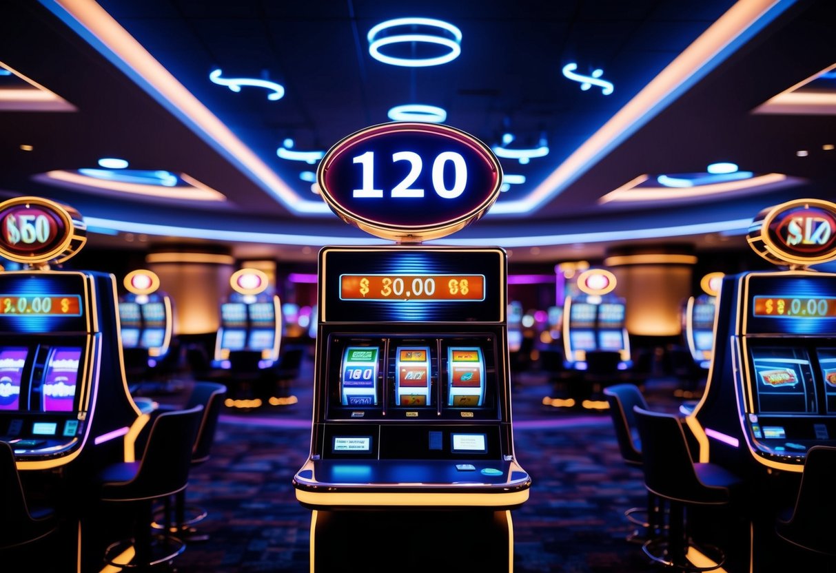 A futuristic casino with digital currency symbols, neon lights, and high-tech slot machines