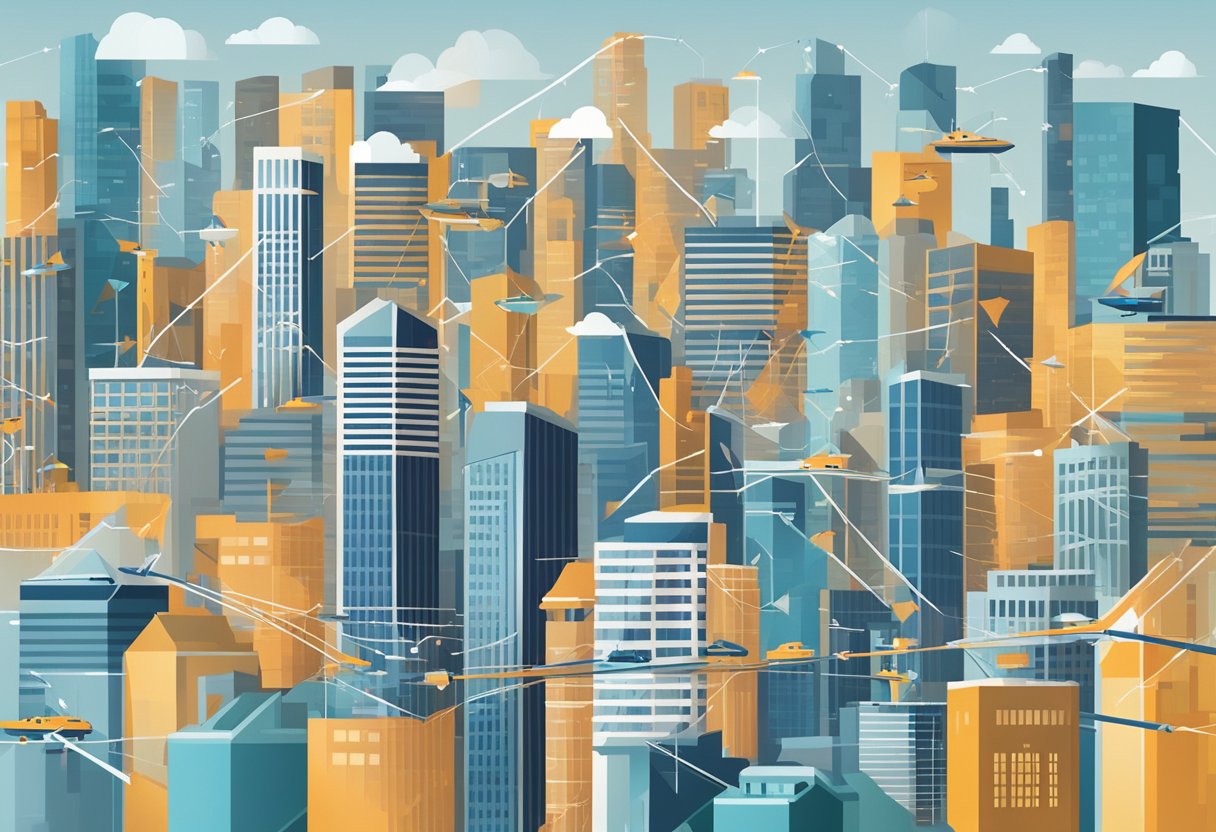 A bustling city skyline with various office buildings, each representing different industries. A network of arrows and lines symbolize the flow of work and resources between the companies