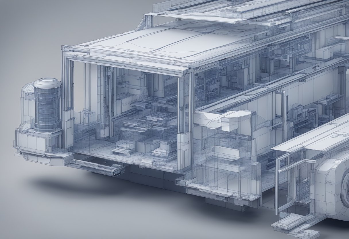 A digital blueprint being transformed into a 3D model using specialized software and tools