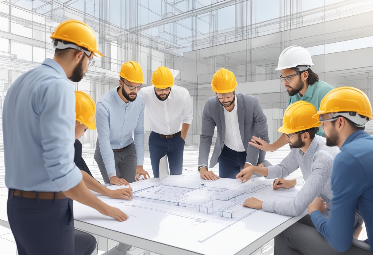 A group of architects and engineers collaborating on a digital model, sharing real-time updates and feedback, streamlining the design and construction process