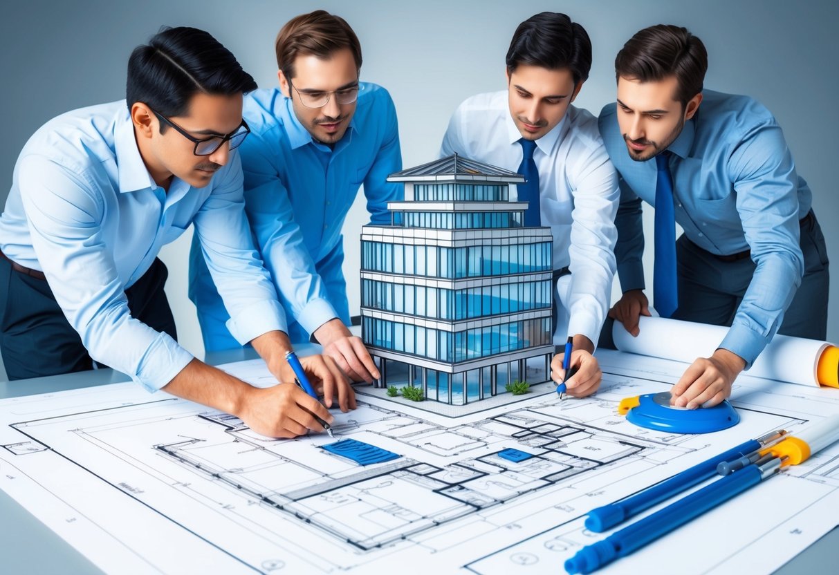 A team of architects and engineers collaborate on a complex building blueprint, utilizing advanced drafting tools and technology