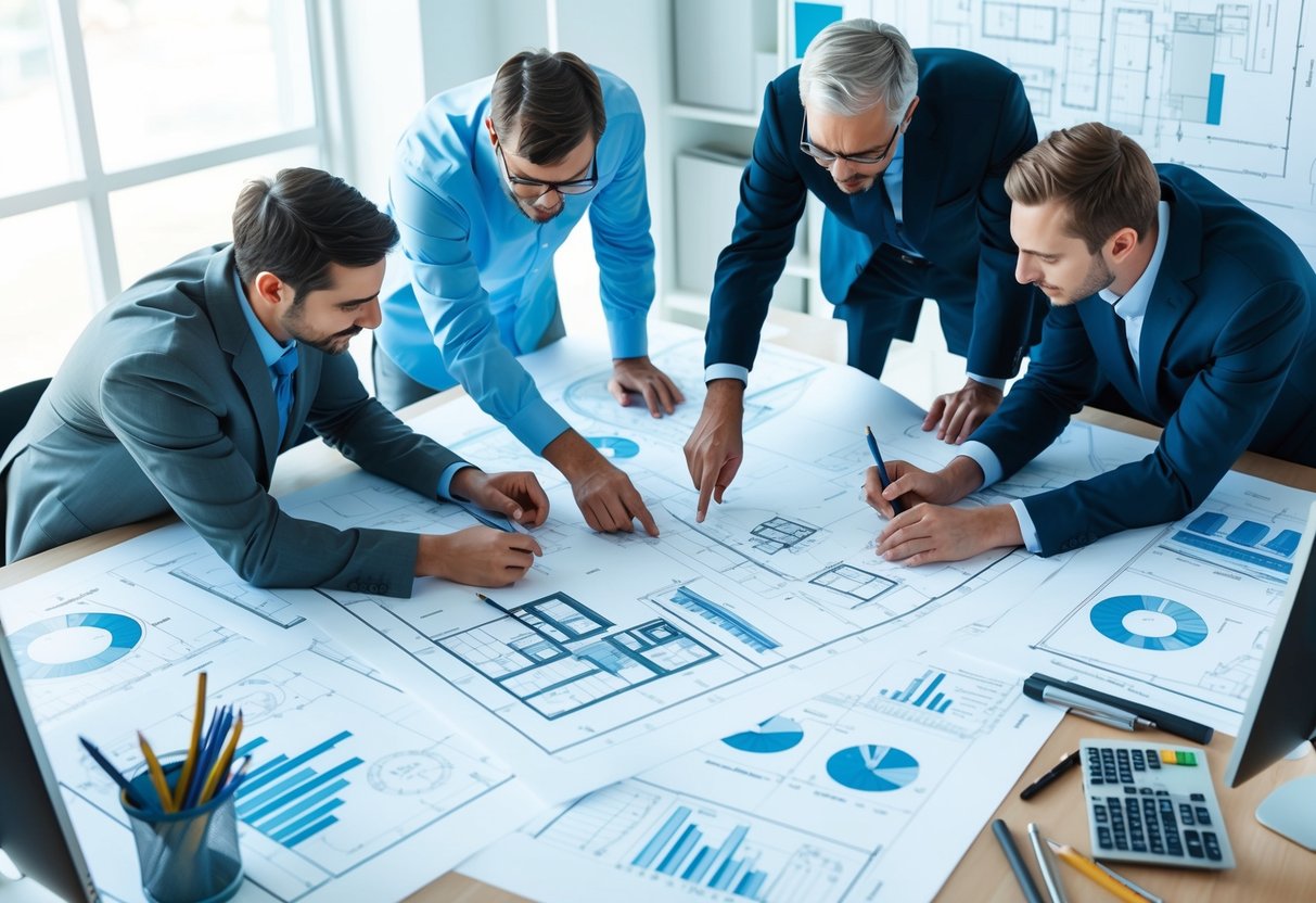 A team of architects and engineers collaborating on a blueprint, surrounded by technical drawings, computer monitors, and drafting tools