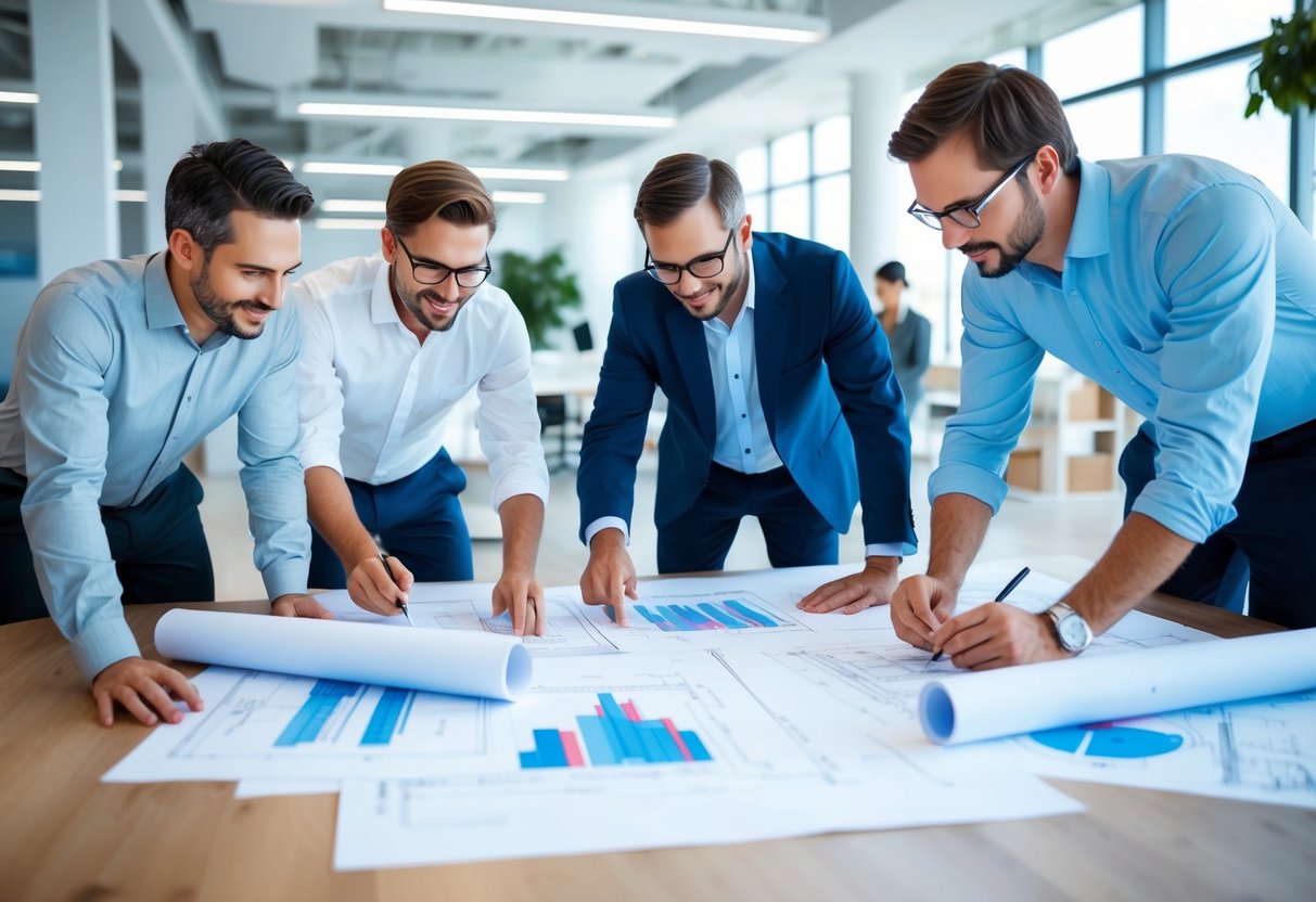 A team of architects and engineers collaborating on blueprints and technical drawings in a modern office setting