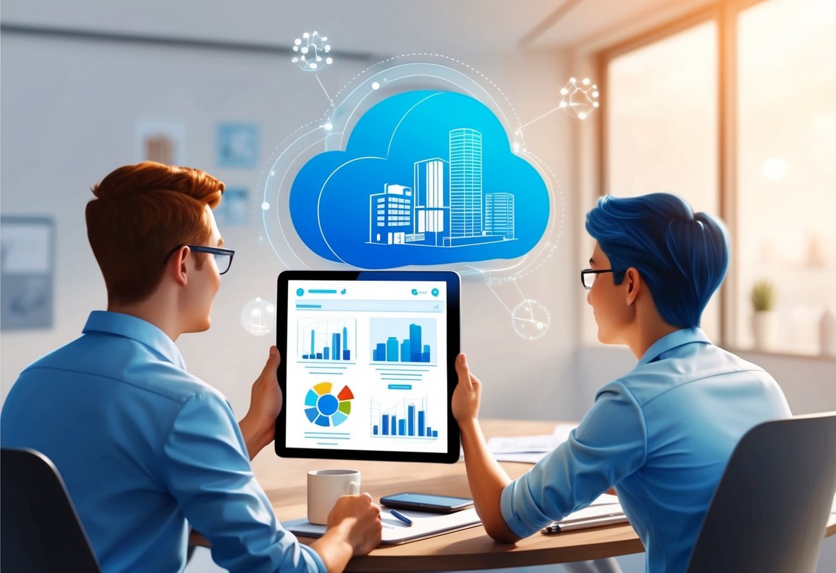 A technician using a tablet to access a cloud-based BIM platform while collaborating with an architect on a digital drafting project