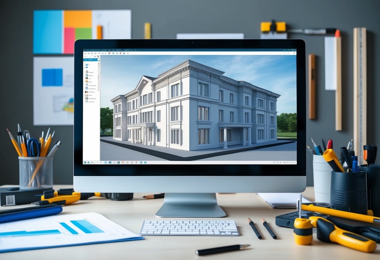 A computer screen displaying a 3D model of a building with detailed external features, surrounded by drafting tools and technical equipment