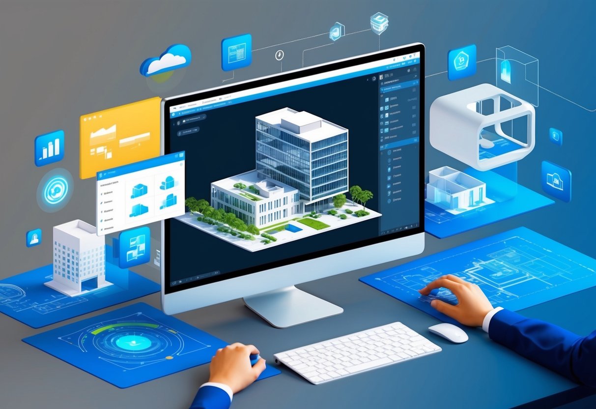 A computer screen displaying a 3D model of a building with various BIM technologies and drafting tools in use, surrounded by futuristic architectural designs and digital blueprints