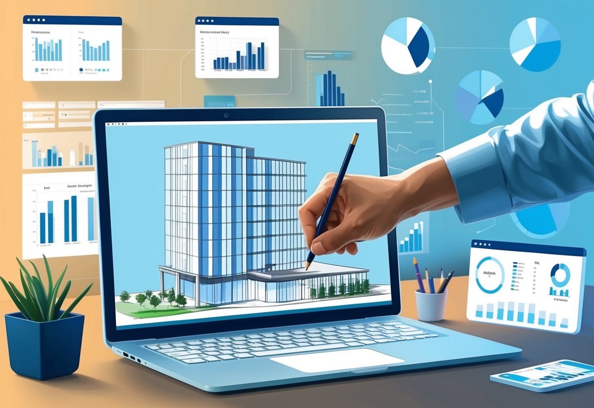 An architect's hand drawing a building model on a computer screen, surrounded by data analysis charts and graphs