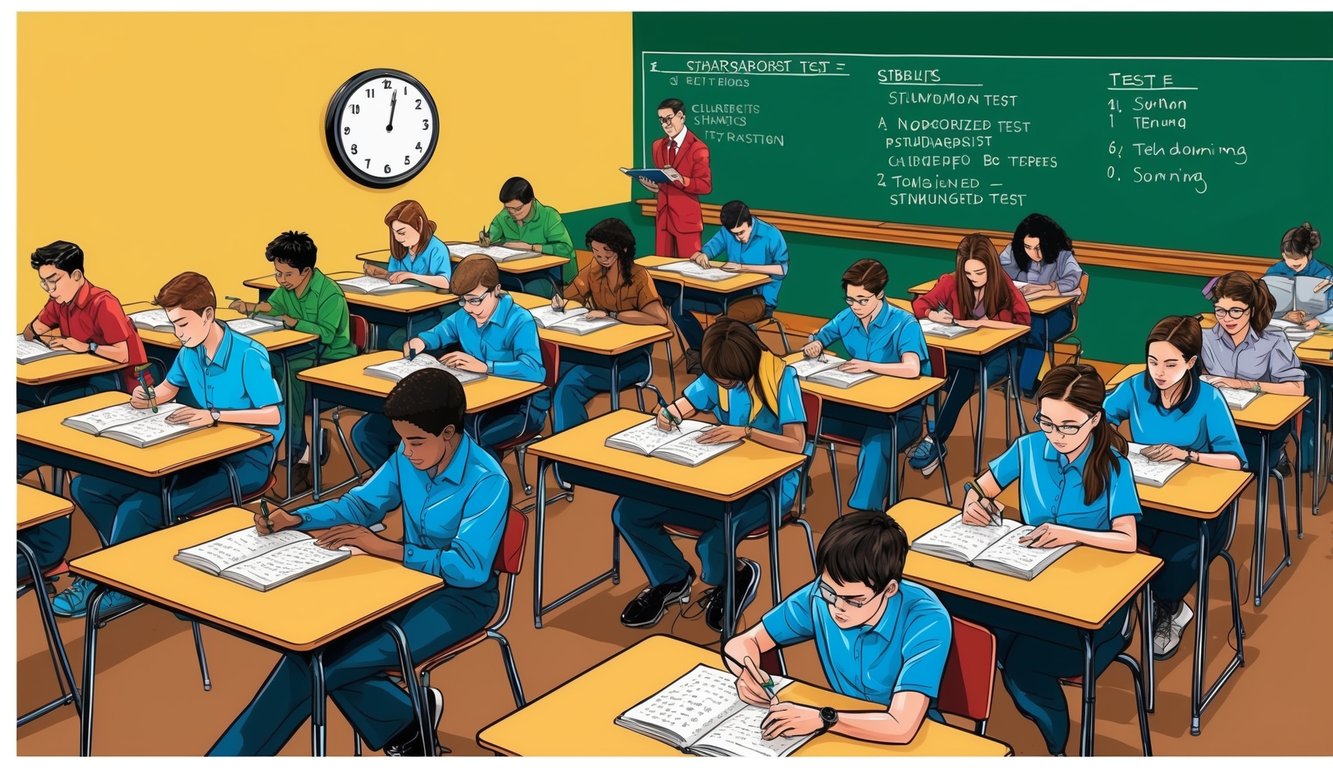 Standart bir testte bulunan öğrencilerle dolu bir sınıf, sıralar halinde düzenlenmiş masalar ve duvarda saati gösteren bir saat