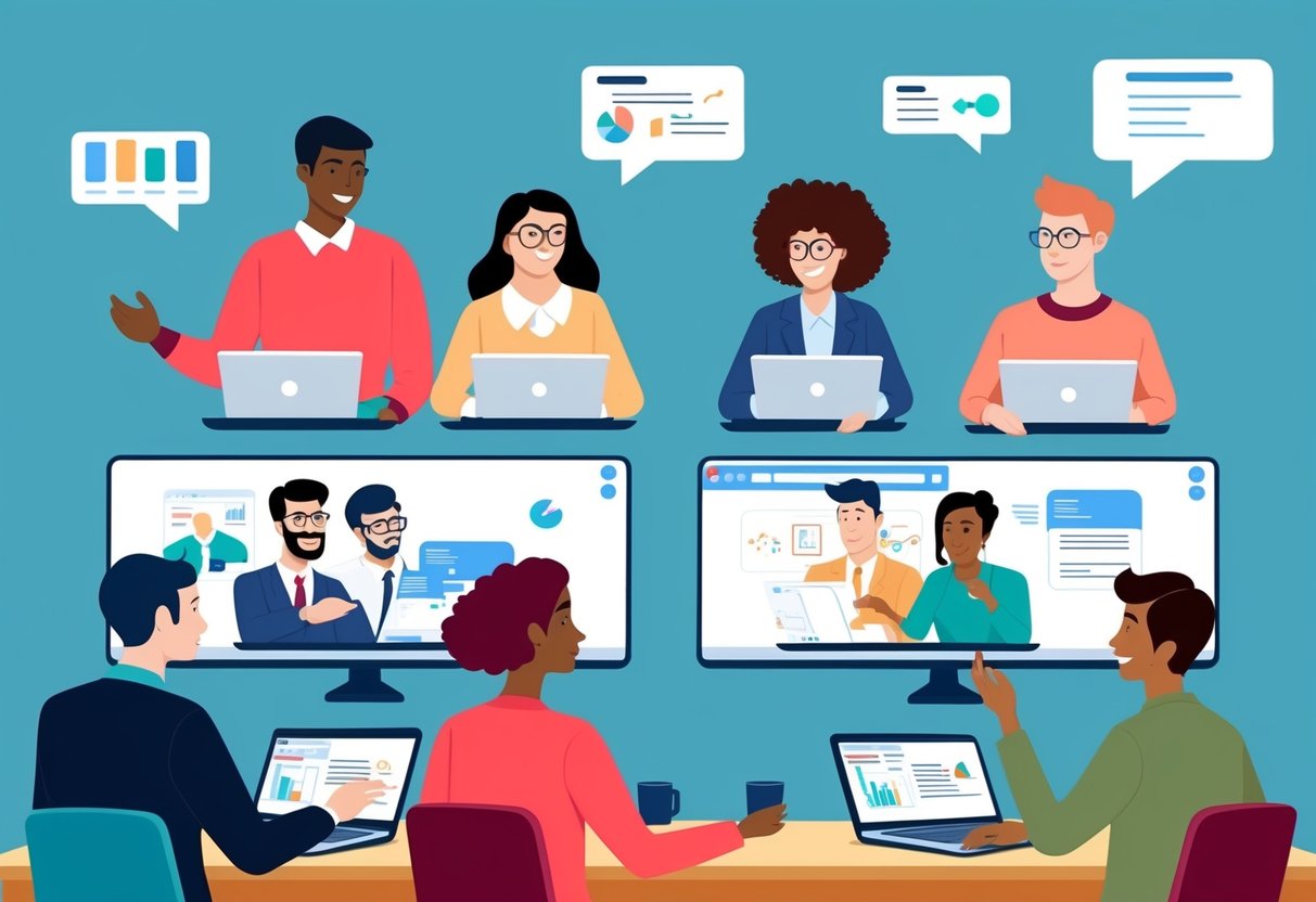 A group of diverse individuals collaborate through video conferencing, sharing ideas and documents online. Some are engaged and focused, while others seem distracted and disconnected