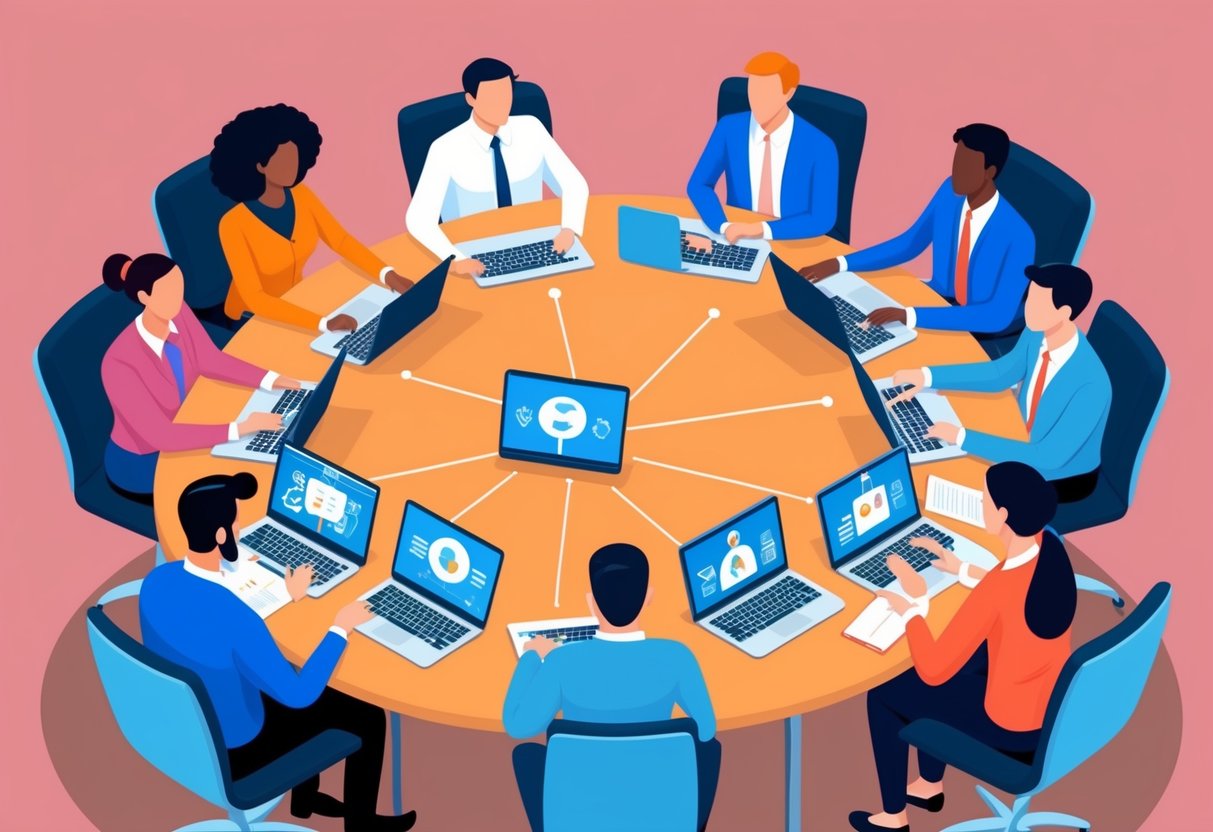 A diverse group of virtual team members collaborate online, sharing ideas and perspectives. However, communication barriers and time zone differences may pose challenges