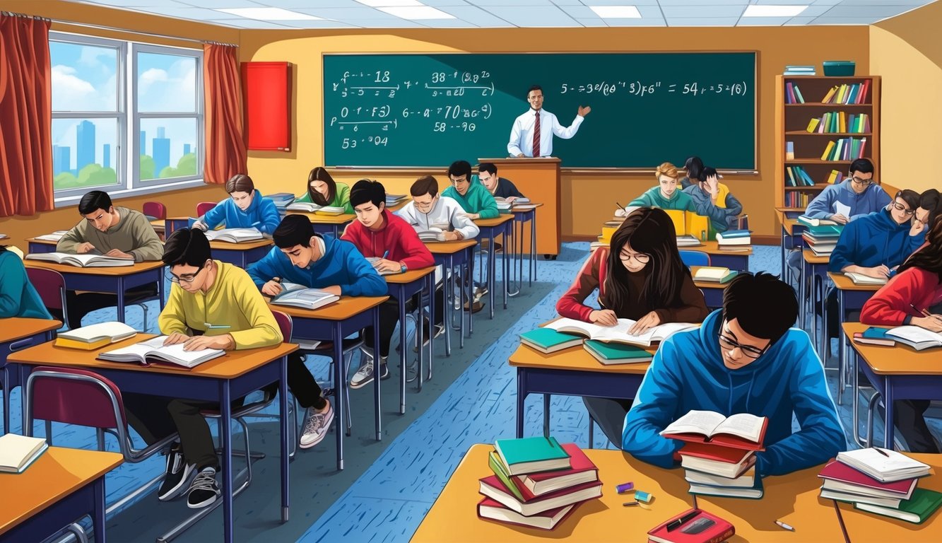 Öğrencilerin ders çalıştığı, masalarda dağınık kitaplar ve defterler bulunan, denklemlerle dolu bir kara tahta ve odanın önünde bir öğretmen olan bir sınıf