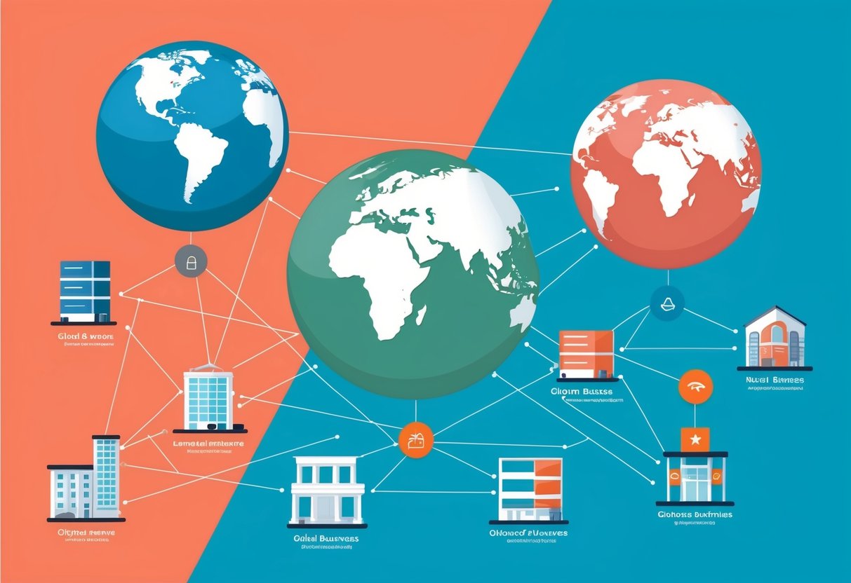 Three diverse businesses, each with a globe representing their global reach. A network of interconnected lines shows the flow of outsourced services between them