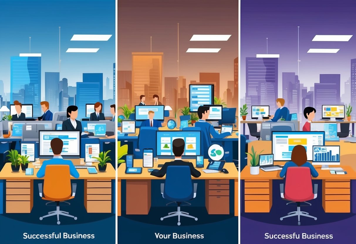 A bustling office with three separate workstations, each representing a different successful business. Each workstation is filled with busy employees and modern technology