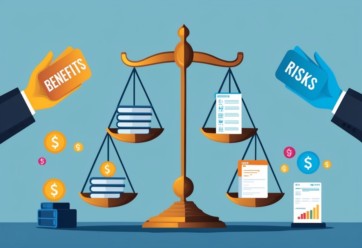 Three businesses symbolically balancing scales with benefits on one side and risks on the other, while strategically outsourcing