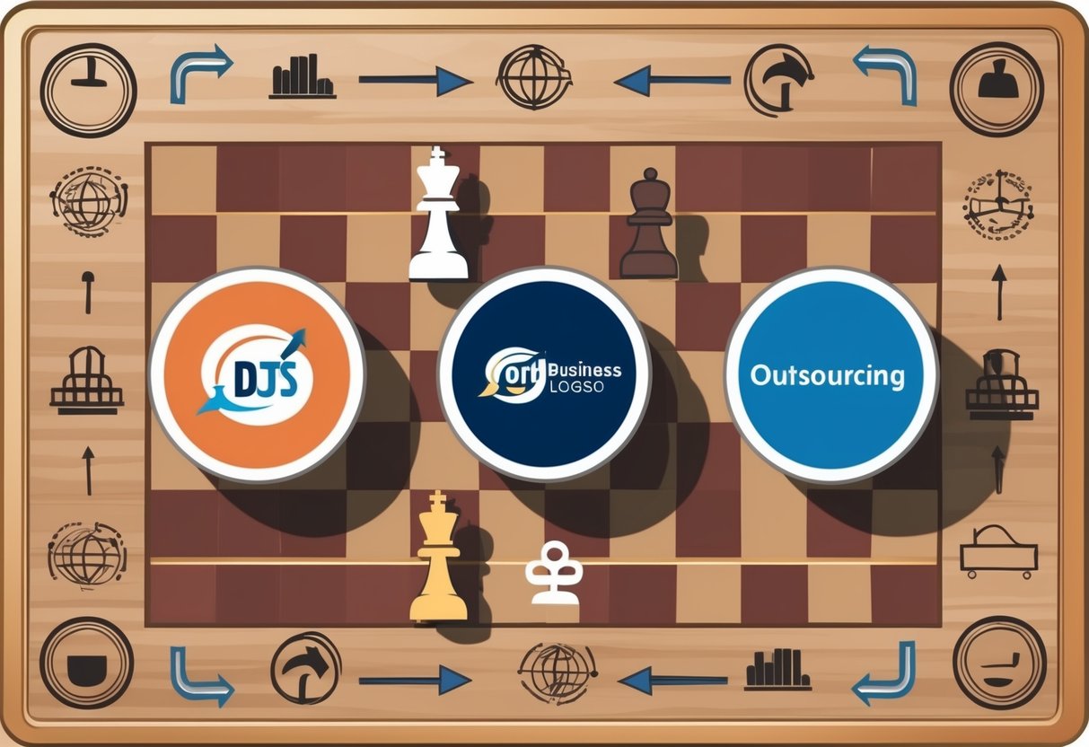 Three business logos on a chessboard, surrounded by various outsourcing symbols and arrows pointing towards them