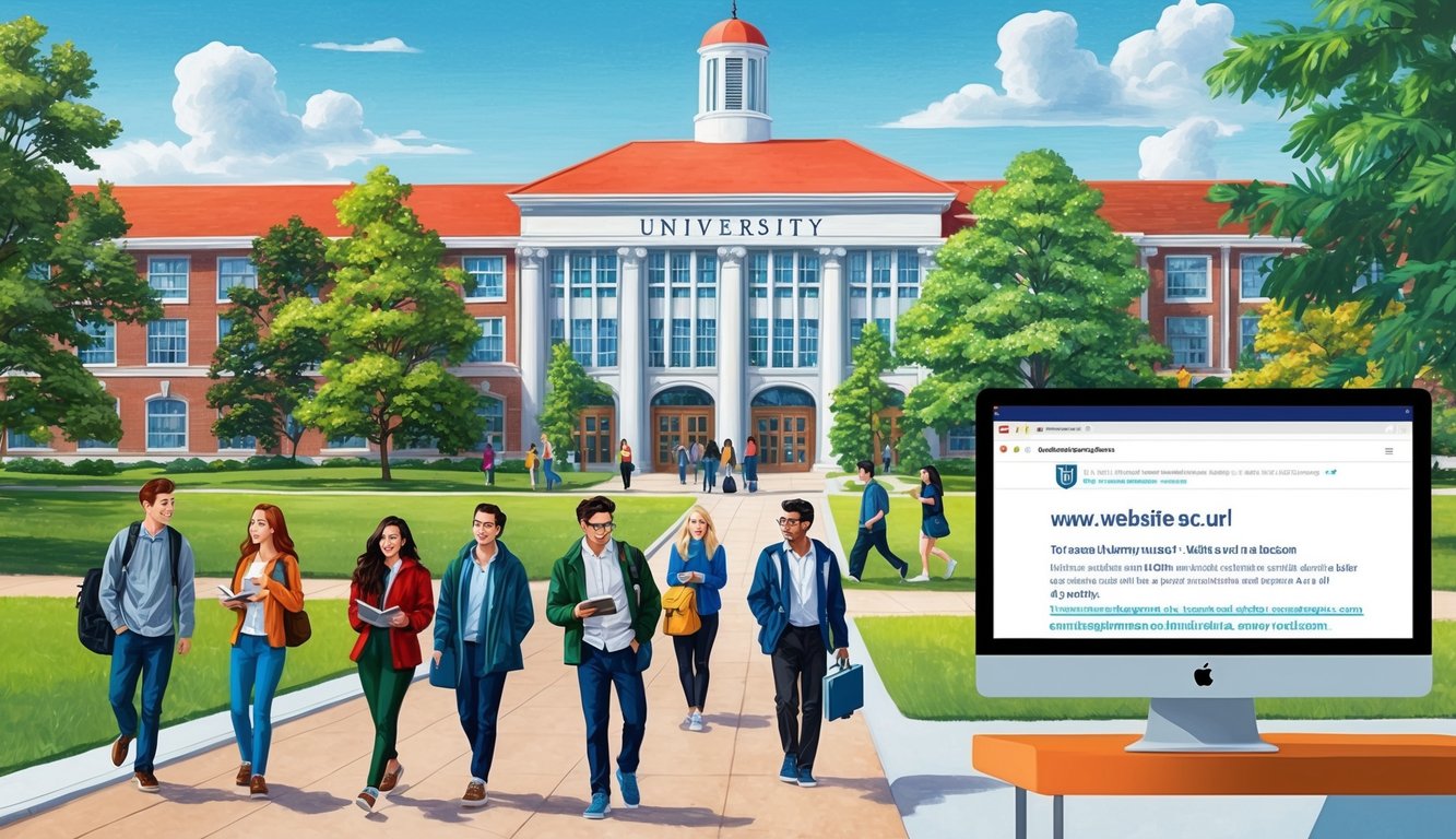 Binalar ve yeşilliklerle dolu bir üniversite kampüsü, dersler arasında yürüyen öğrenciler ve bir bilgisayar ekranında gösterilen bir web sitesi URL'si