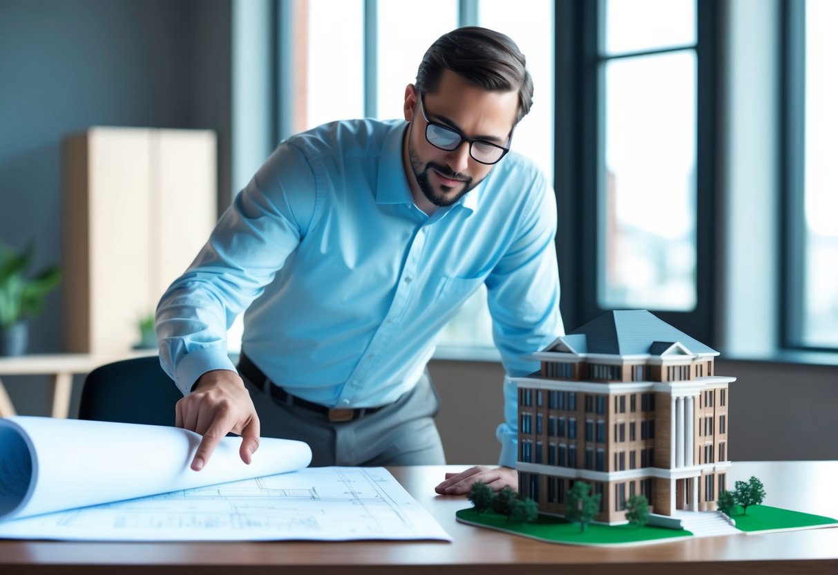 An architect reviewing blueprints and pointing to a building model on a desk