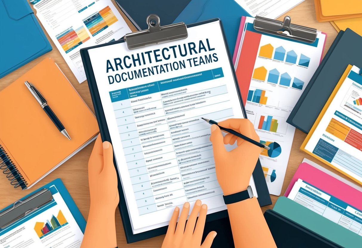 A person reviewing a list of architectural documentation teams, surrounded by various folders and documents