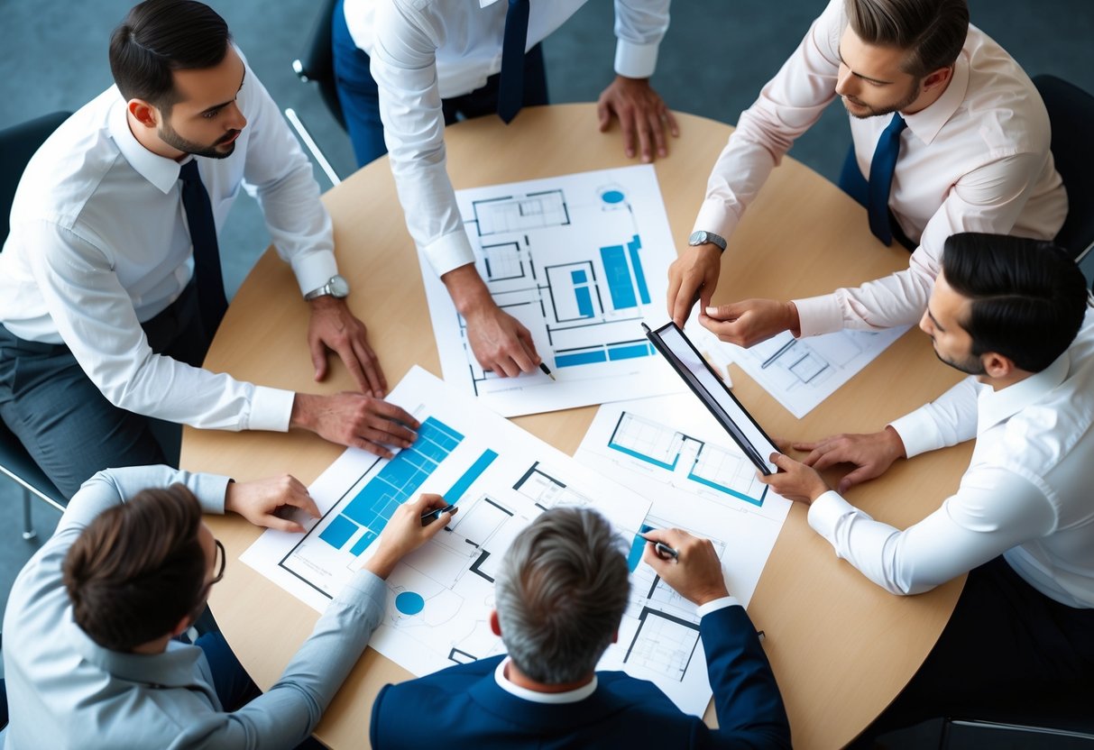 A team of architects and consultants gather around a table, discussing and examining architectural plans and diagrams