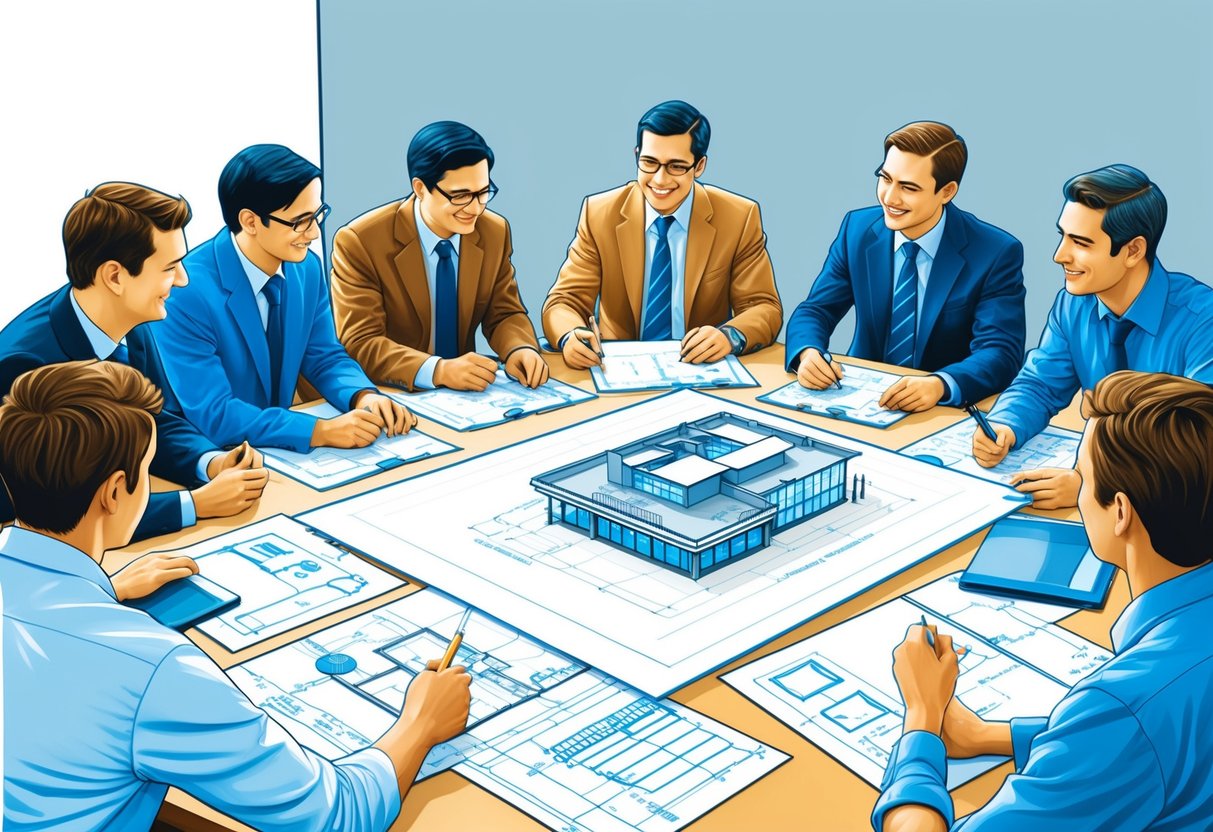 A group of architects and documentation specialists sit around a table, sharing ideas and collaborating on a project. Blueprints and technical drawings are spread out in front of them as they work together to integrate their expertise