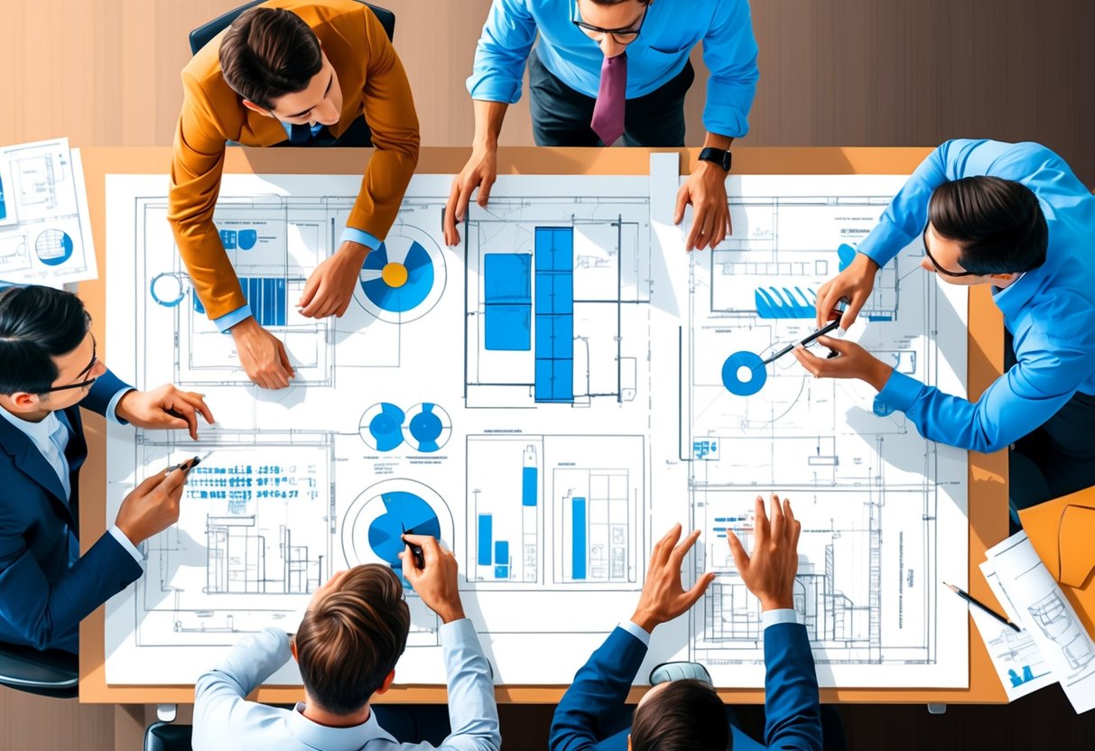 A team of architects and engineers collaborate around a table, surrounded by blueprints and technical drawings, problem-solving and discussing technical aspects