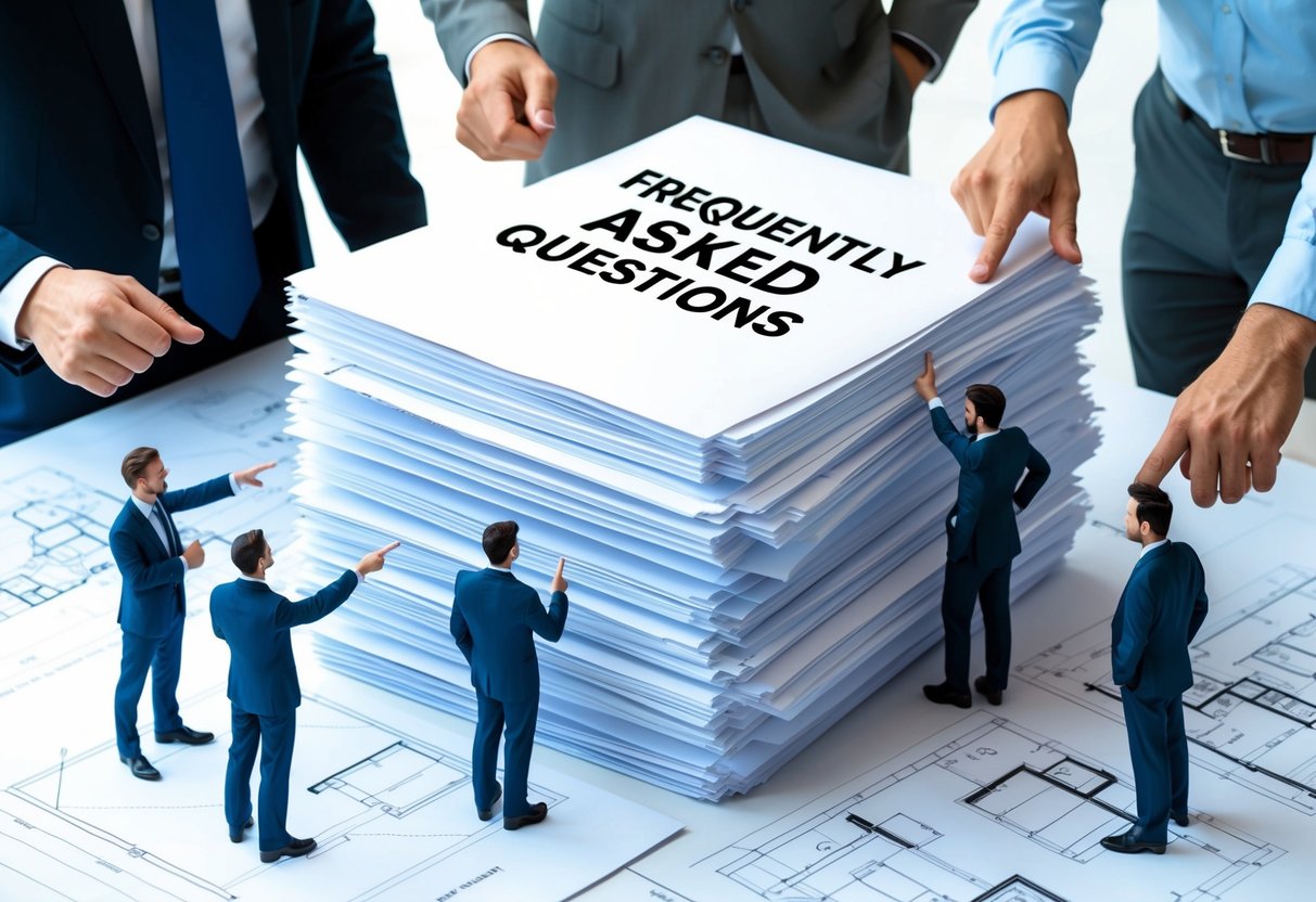 A stack of papers with "Frequently Asked Questions" on top, surrounded by architectural drawings and a team of professionals discussing and pointing at the documents