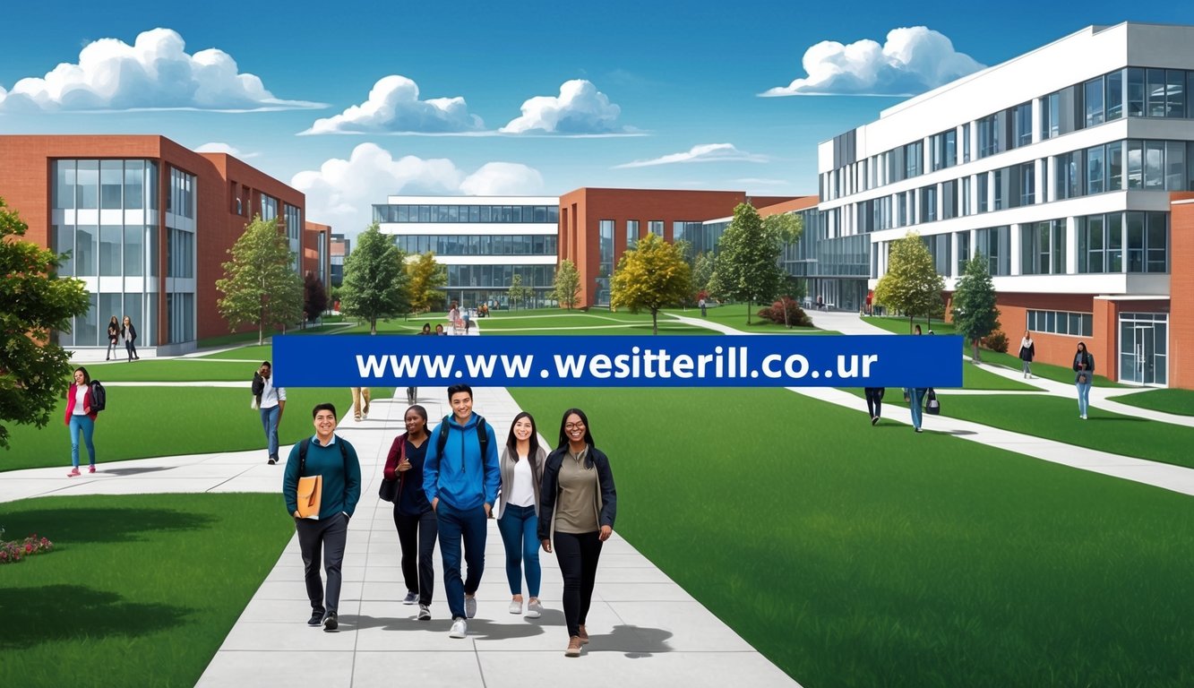 Modern binalar ve yeşil alanlar arasında yürüyen öğrencilerin bulunduğu bir üniversite kampüsü, belirgin bir web sitesi URL'si görüntüleniyor.