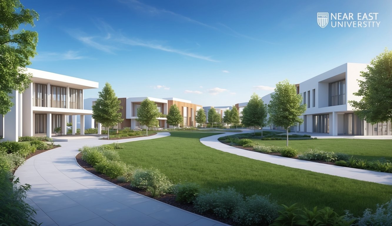 Yakın Doğu Üniversitesi'nde modern binalar, yeşillik ve yollarla dolu huzurlu bir kampüs, arka planda açık mavi bir gökyüzü ile.