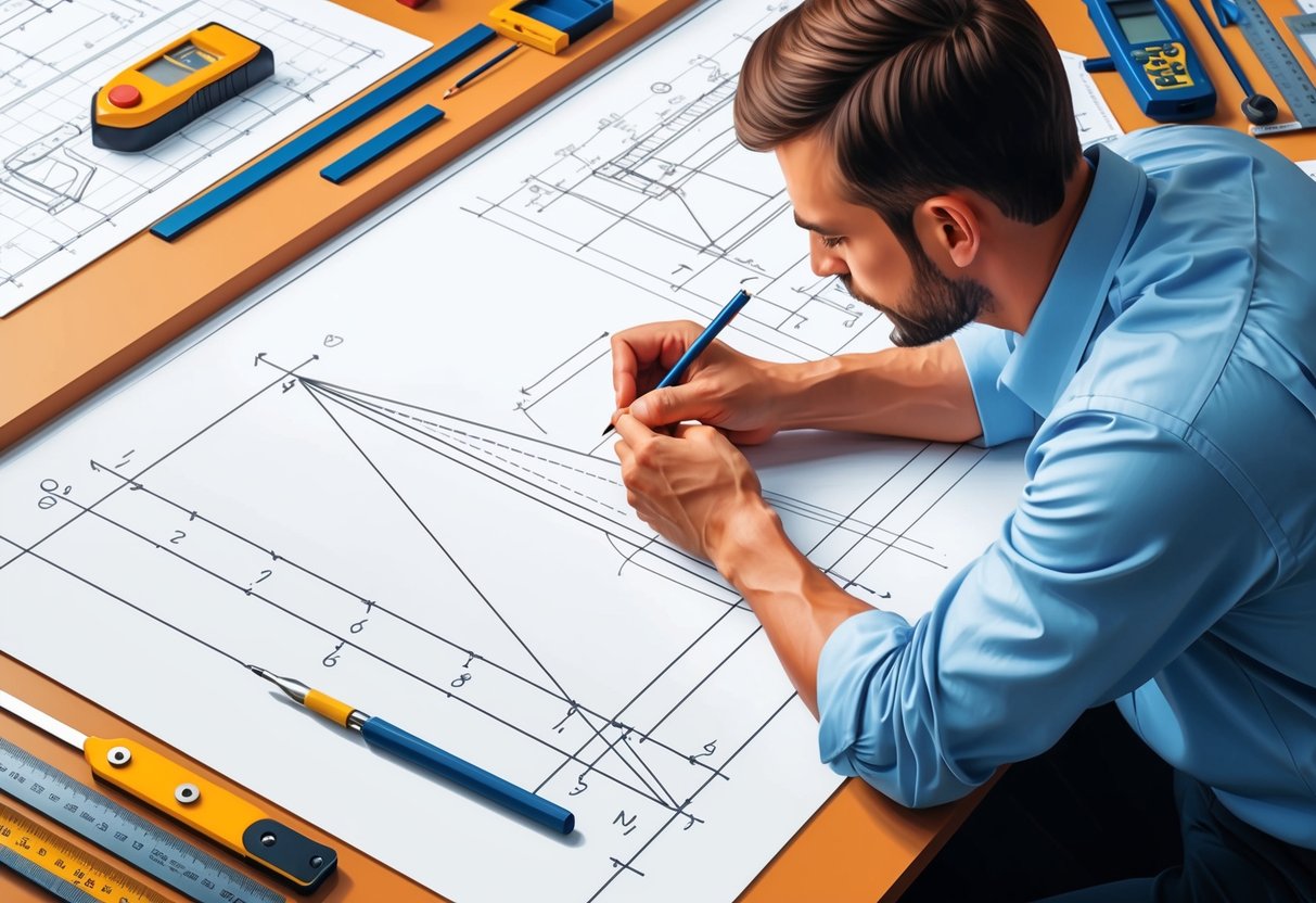 A draughtsman carefully sketches precise lines and angles on a drafting table, surrounded by various measuring tools and technical drawings