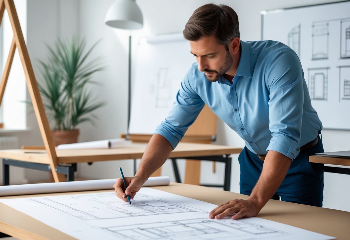 A draughtsman carefully measures and drafts detailed architectural blueprints at a drafting table in a well-lit studio