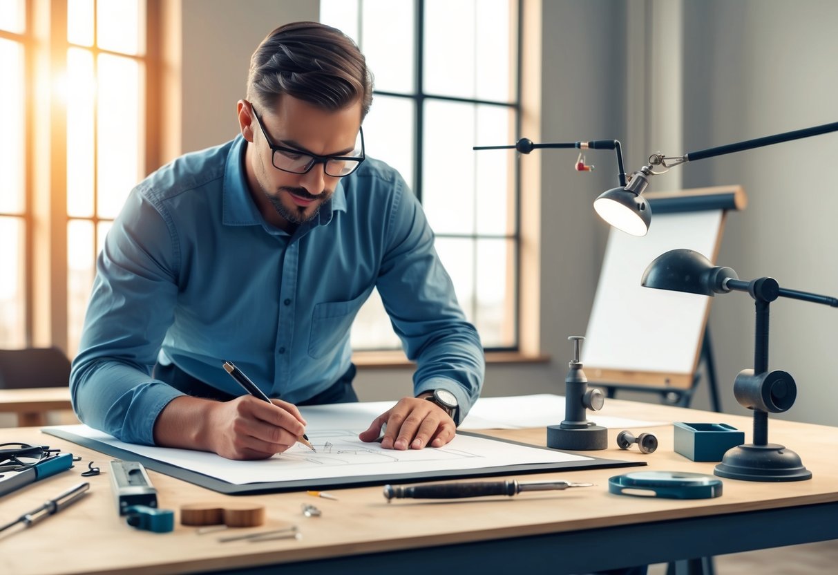 A draughtsman carefully sketches technical drawings using precision tools and instruments on a drafting table in a well-lit studio