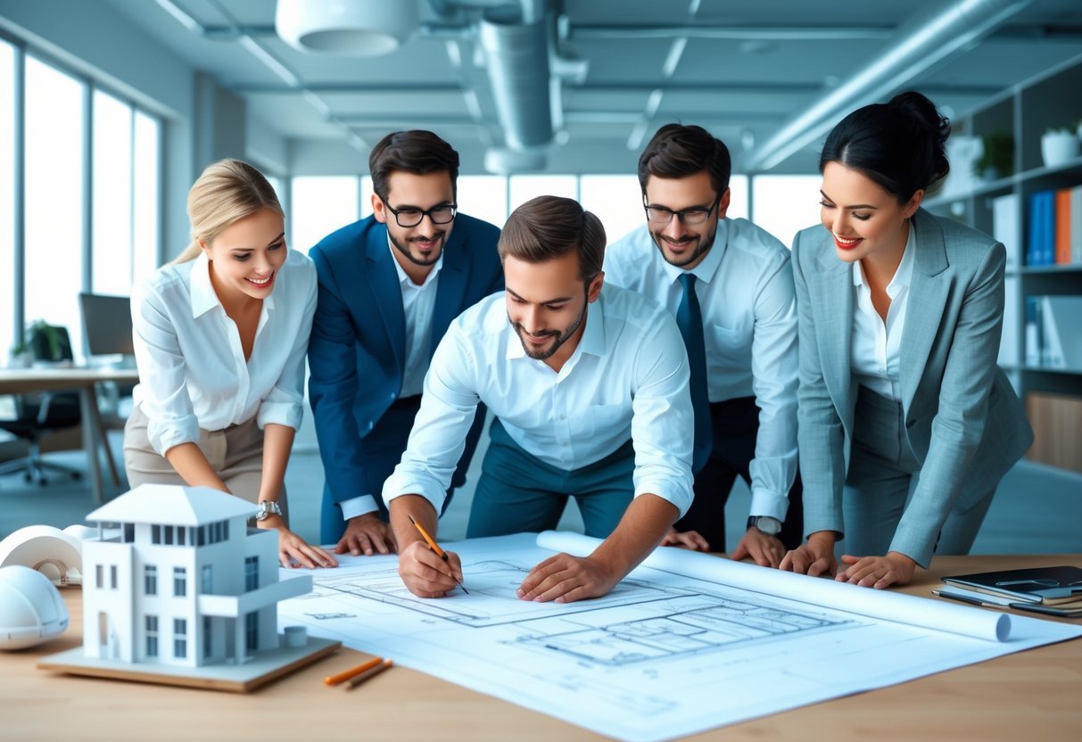 An architect sketching a blueprint, surrounded by models and designs, with a team collaborating in a modern, spacious office