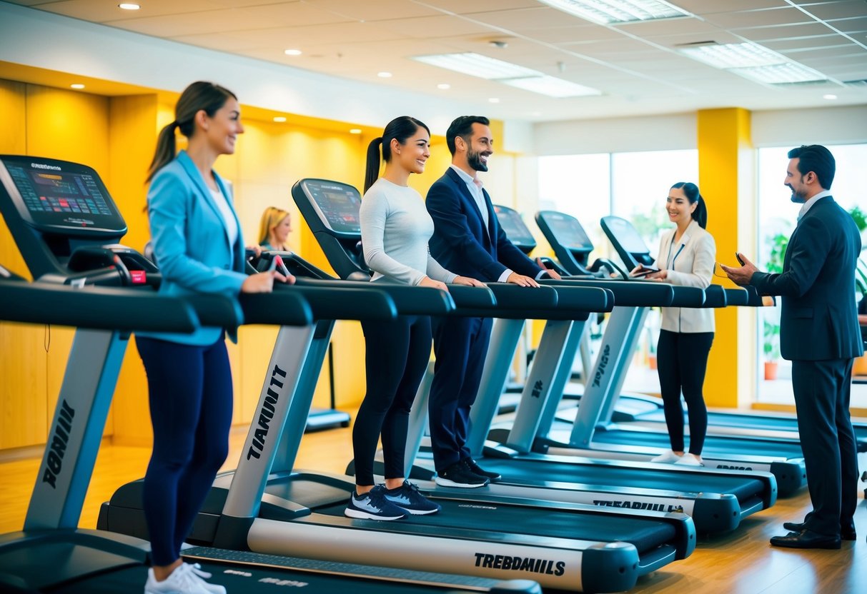 A variety of treadmills, ranging in size and features, are displayed in a brightly lit showroom. Customers test out different models while sales associates offer guidance