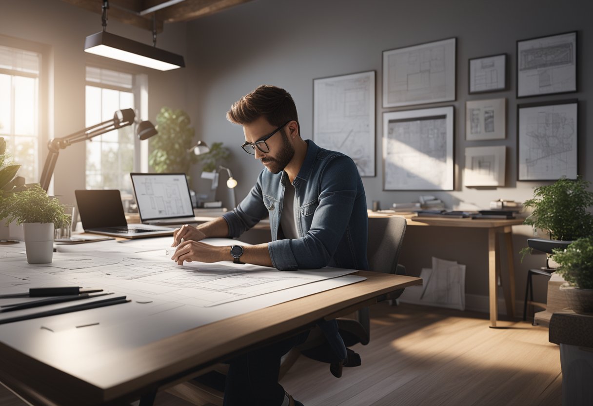 An architect working at a desk with a computer, drafting tools, and architectural drawings spread out around them