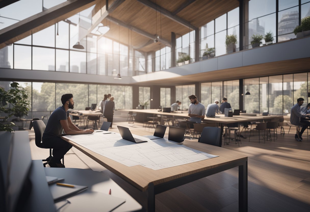 An architect working on a laptop with blueprints and a ruler, while a team of drafters collaborate on a large-scale architectural project