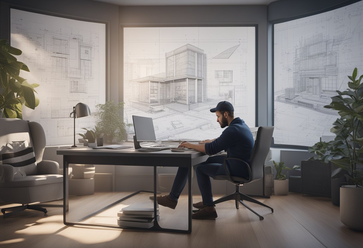 An architect sitting at a desk, surrounded by architectural drawings and blueprints, working on a computer with a phone nearby