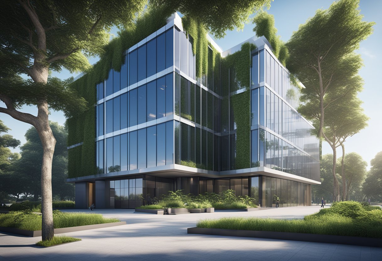 A modern office building with a sleek architectural design, surrounded by lush greenery and a clear blue sky